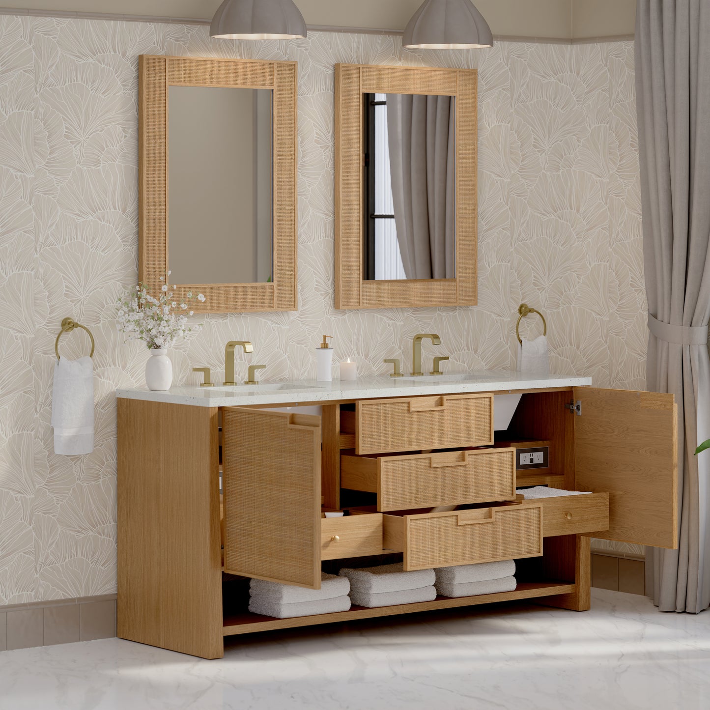Renovate for Less Atlanta Solene 72" Double Vanity, Seaside Oak, w/ 3 CM Lime Delight Quartz Top