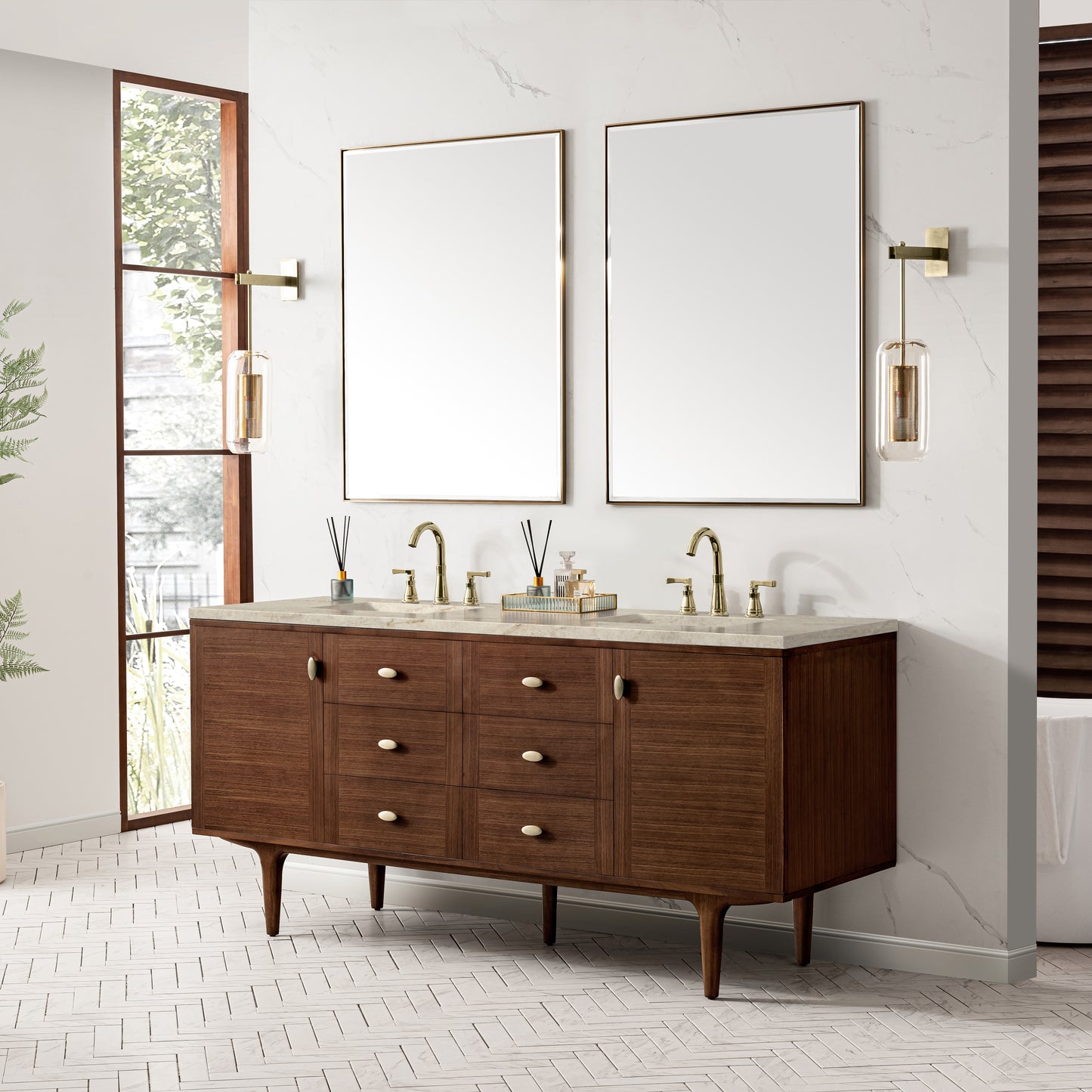Renovate for Less Atlanta Amberly 72" Double Vanity, Mid-Century Walnut, w/ 3 CM Tajnar Eclos Top