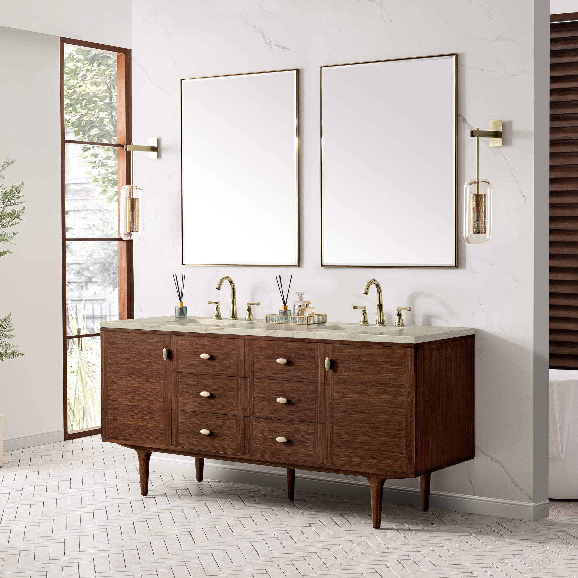 Renovate for Less Atlanta Amberly 72" Double Vanity, Mid-Century Walnut, w/ 3 CM Tajnar Eclos Top