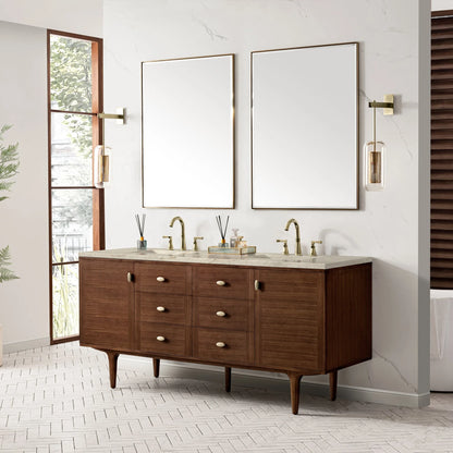 Amberly 72" Double Vanity, Mid-Century Walnut, w/ 3 CM Tajnar Eclos Top w/FreePower Wireless Charger