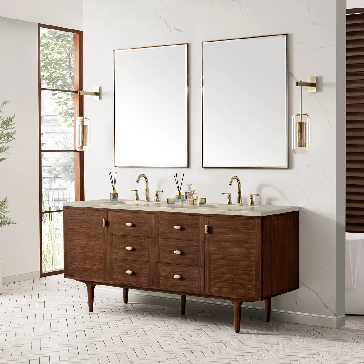 Amberly 72" Double Vanity, Mid-Century Walnut, w/ 3 CM Tajnar Eclos Top