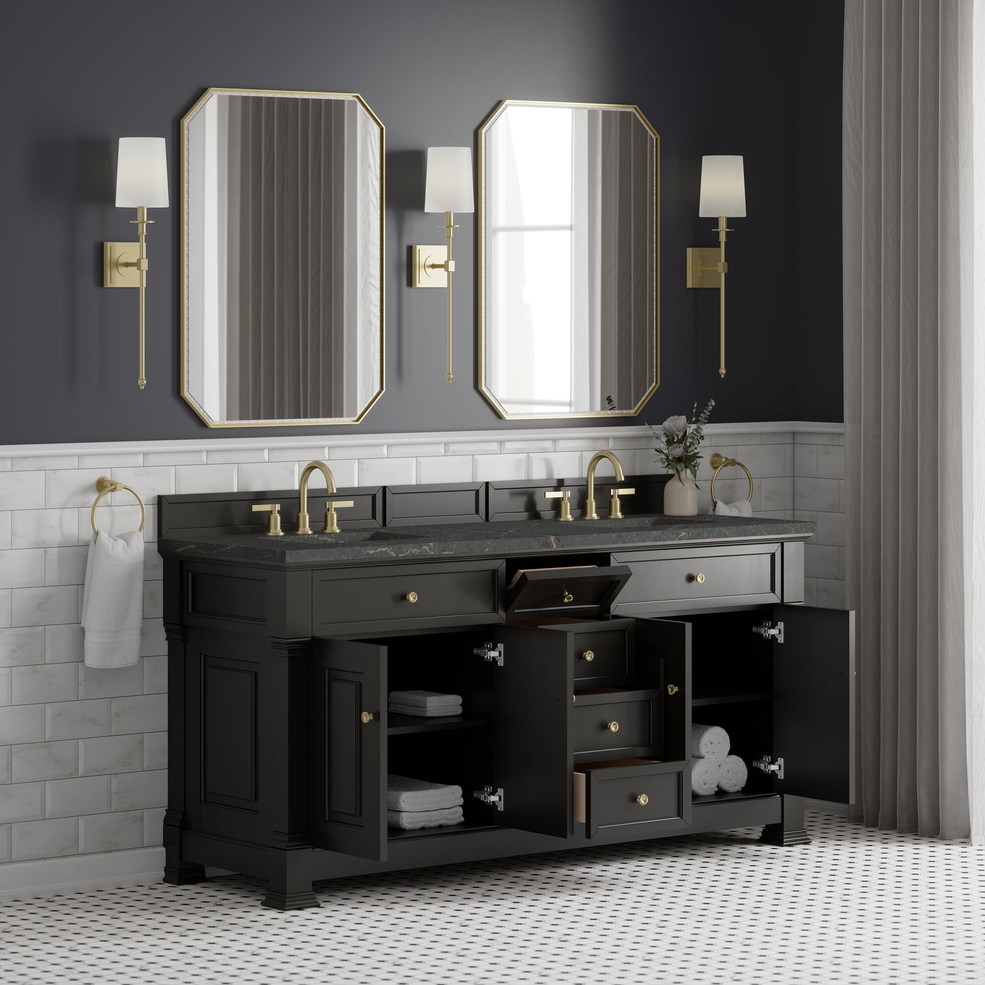 Renovate for Less Atlanta Brookfield 72" Double Vanity, Black Onyx w/ 3 CM Parisien Bleu Silestone Top