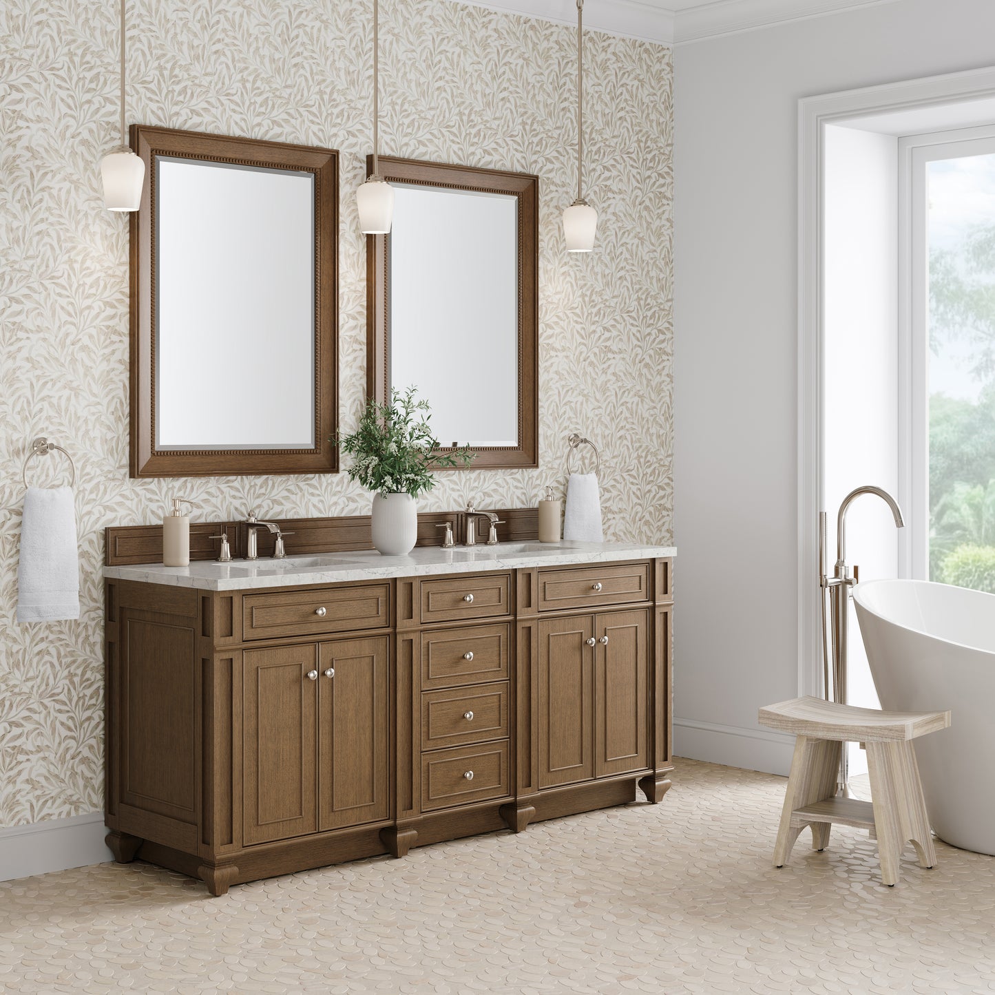 Renovate for Less Atlanta Bristol 72" Double Vanity, Saddle Brown w/ 3 CM Eternal Jasmine Pearl Silestone Top