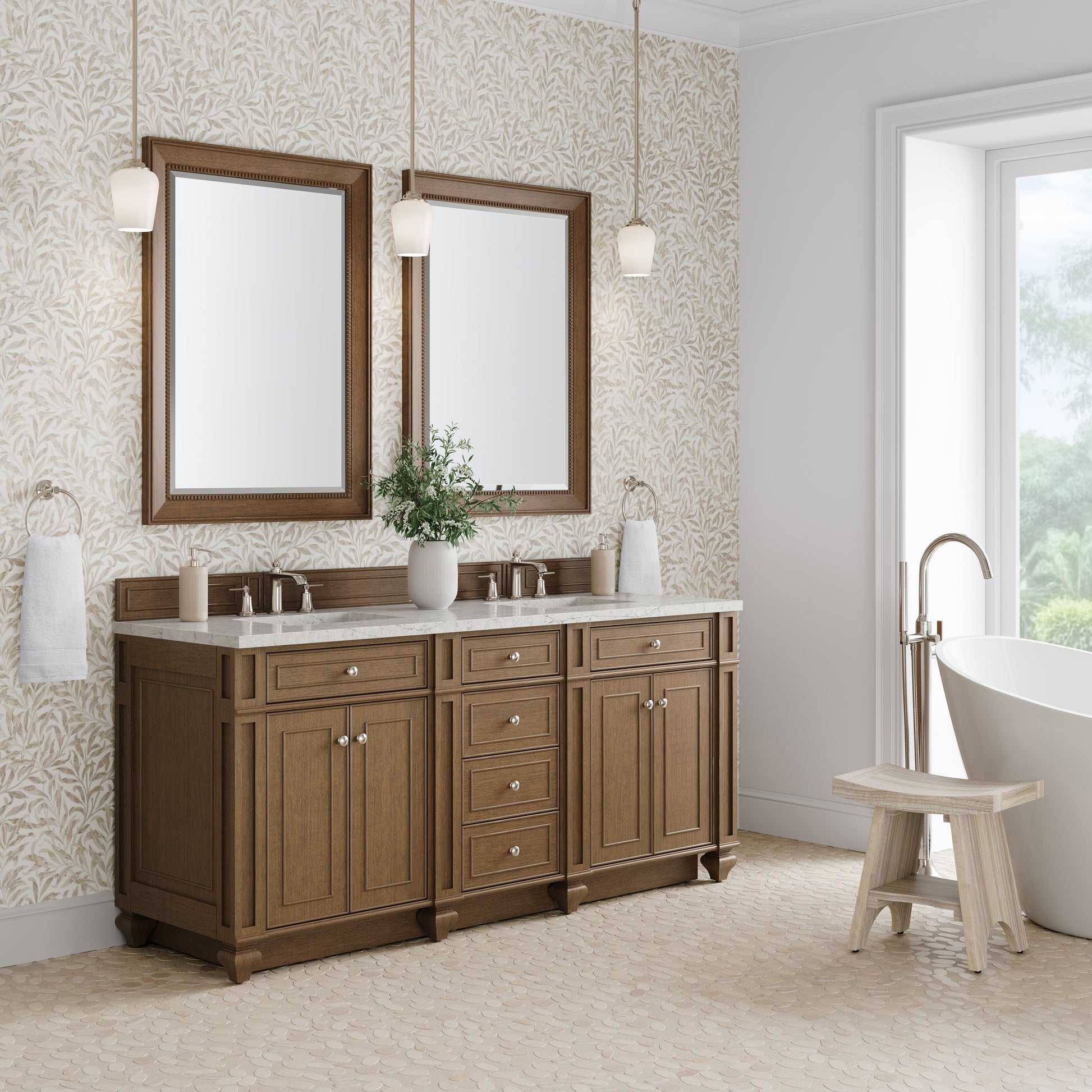 Renovate for Less Atlanta Bristol 72" Double Vanity, Saddle Brown w/ 3 CM Eternal Jasmine Pearl Silestone Top