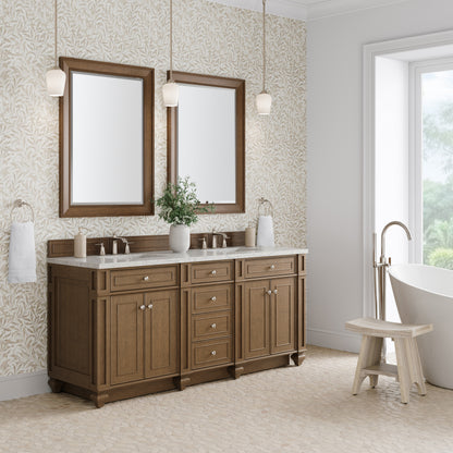Renovate for Less Atlanta Bristol 72" Double Vanity, Saddle Brown w/ 3 CM Eternal Jasmine Pearl Silestone Top