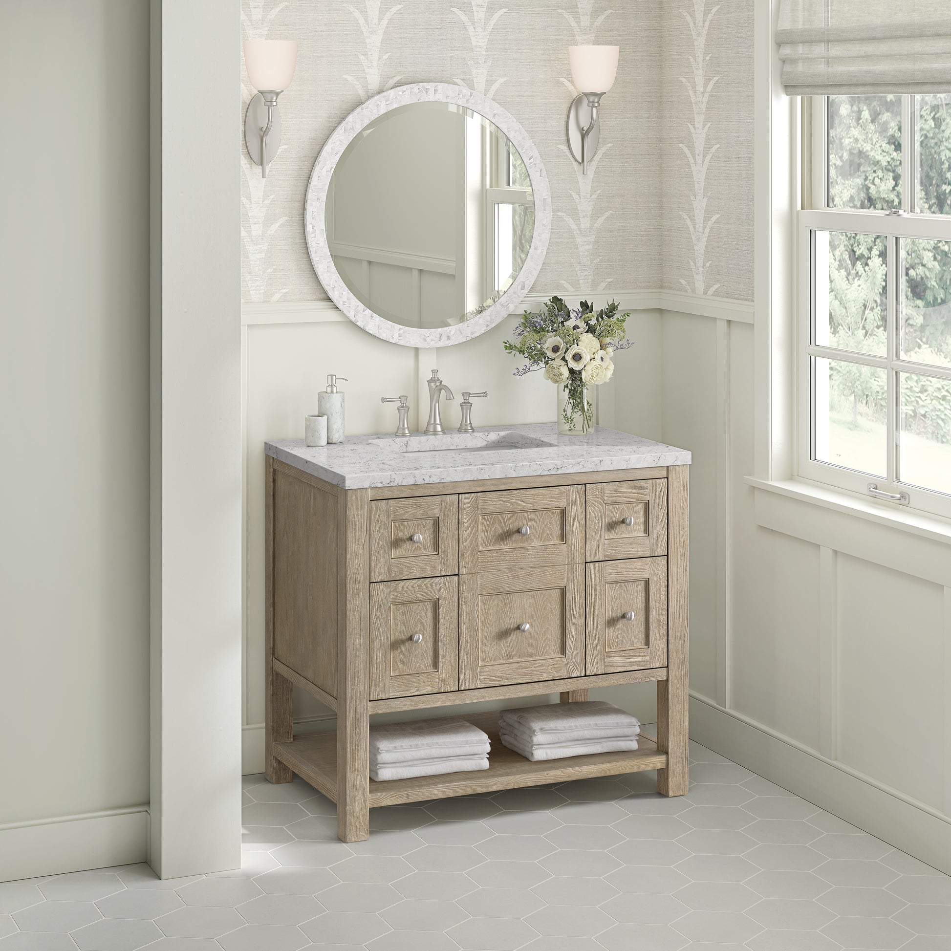Renovate for Less Atlanta Breckenridge 36" Single Vanity, Whitewashed Oak w/ 3 CM Eternal Jasmine Pearl Silestone Top