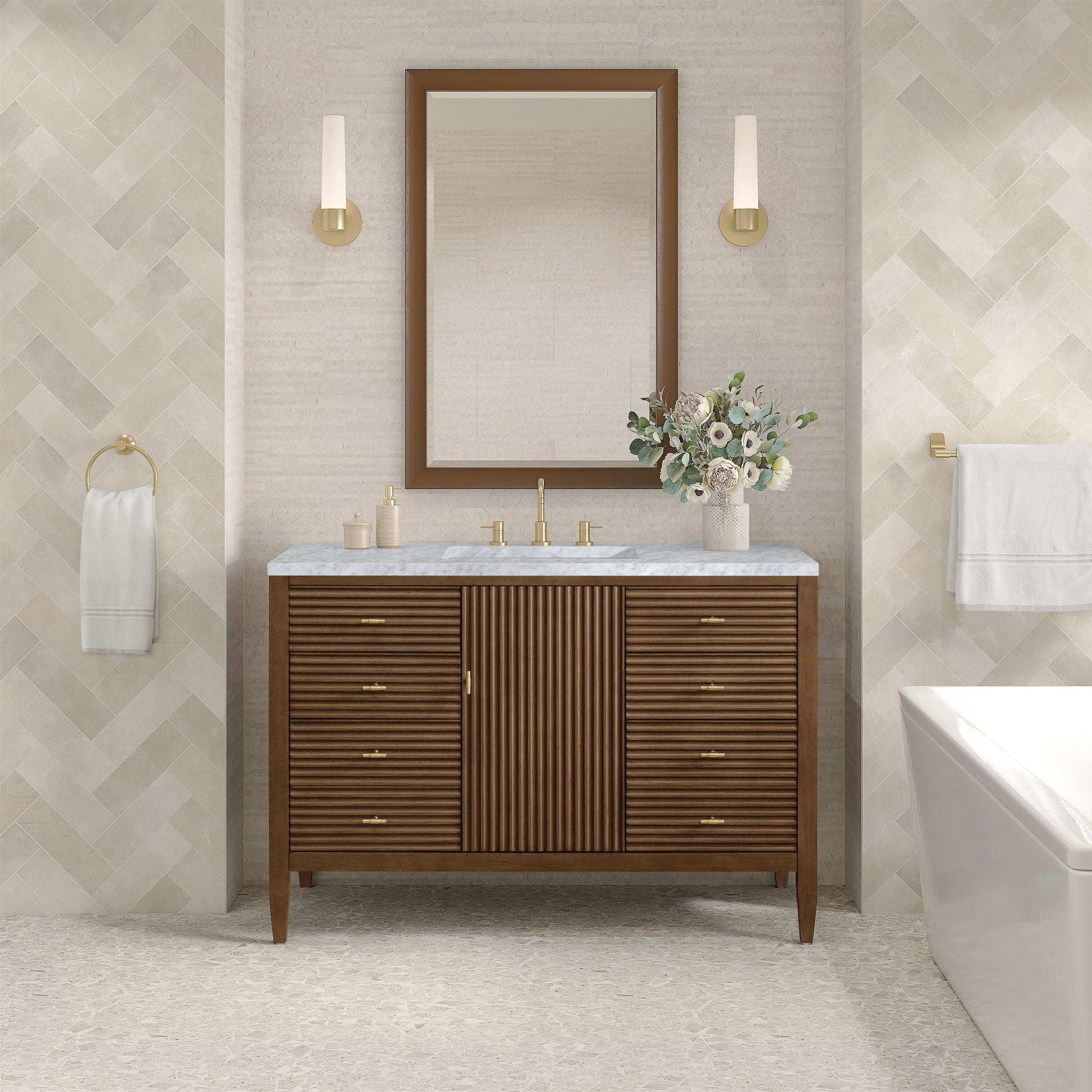 Renovate for Less Atlanta Myrrin 48" Single Vanity, Mid Century Walnut w/ 3 CM Carrara White Marble Top