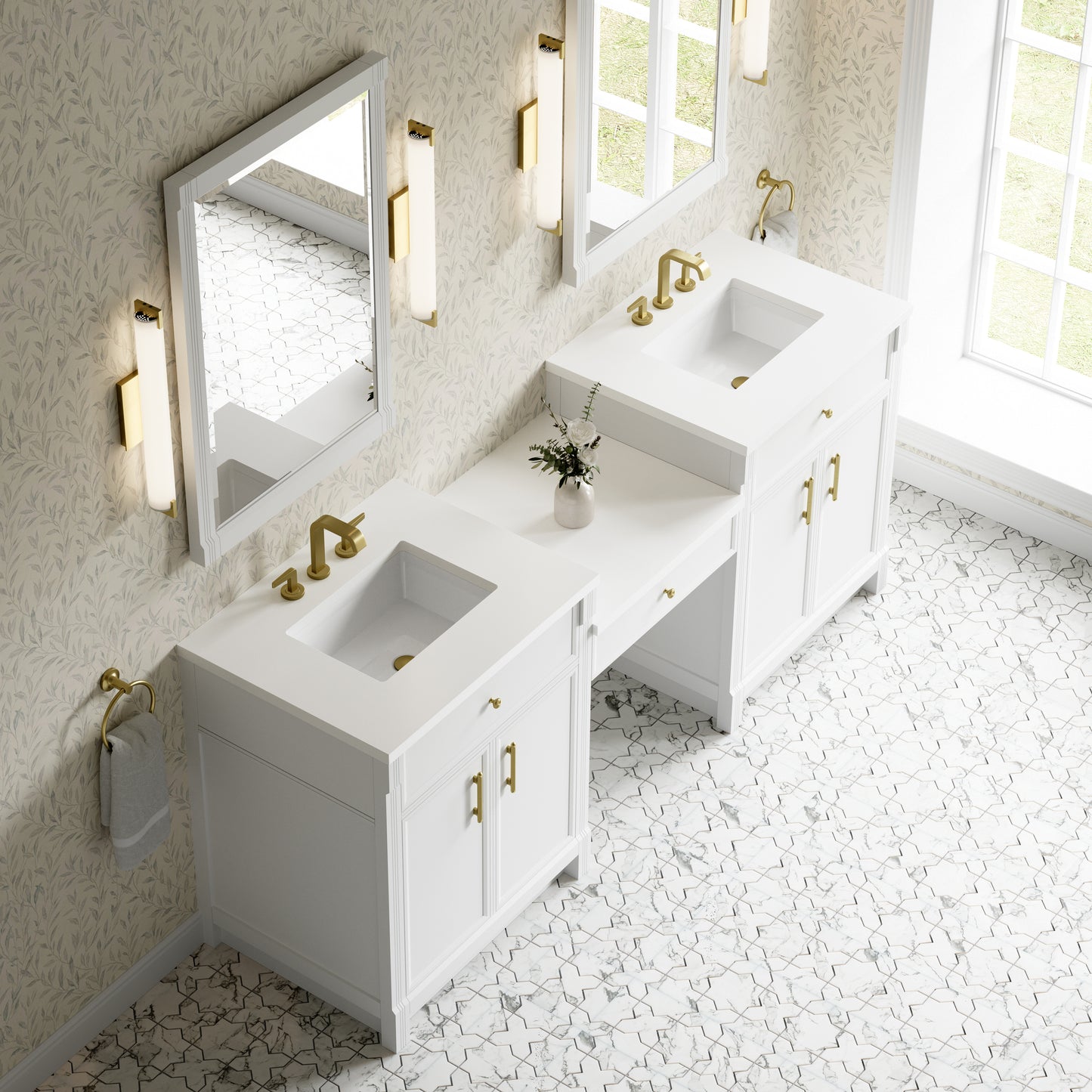 Renovate for Less Atlanta Bellshire 84" Dual Vanity Set with 24" Make-Up Counter, Bright White w/3 cm White Zeus Silestone Top