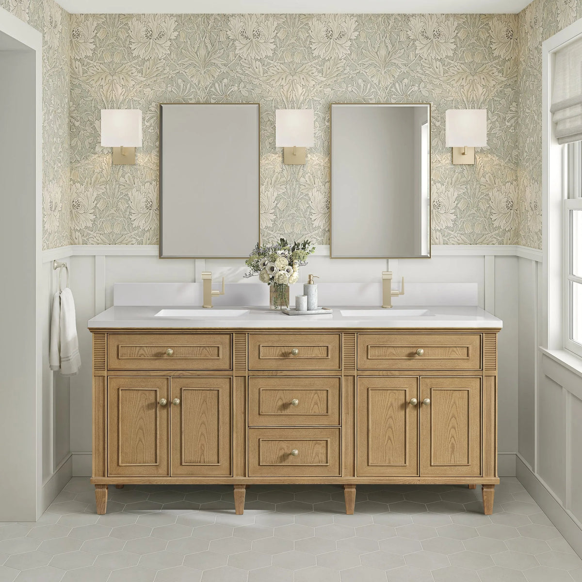 Lorelai 72" Double Vanity, Light Natural Oak w/ Single Hole 3 CM White Zeus Silestone Top & Backsplash