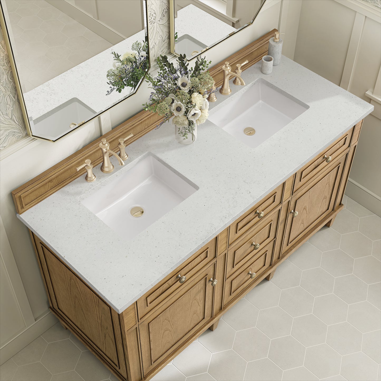 Renovate for Less Atlanta Lorelai 60" Double Vanity, Light Natural Oak w/ 3 CM Lime Delight Silestone Top