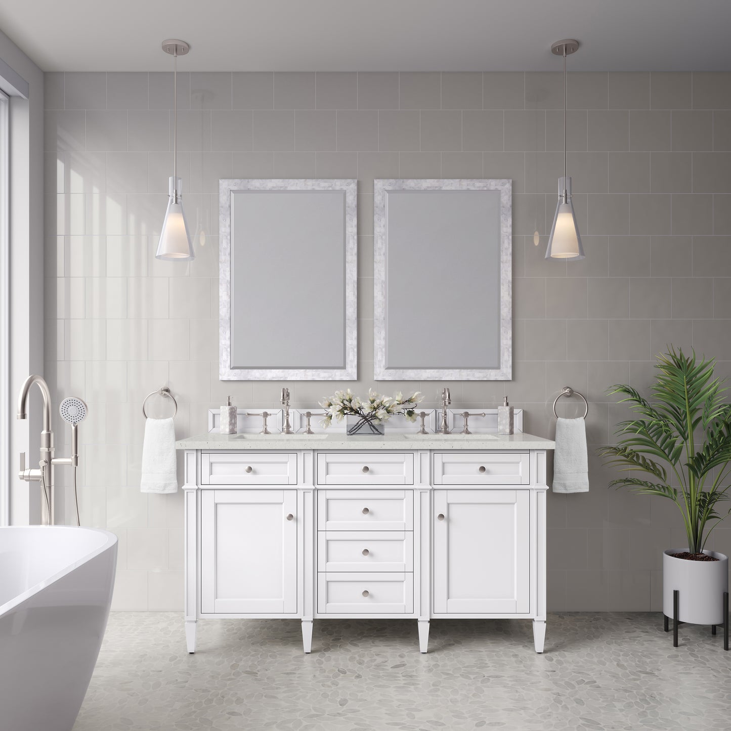 Renovate for Less Atlanta Brittany 60" Double Vanity, Bright White Vanity w/ 3 CM Lime Delight Silestone Top