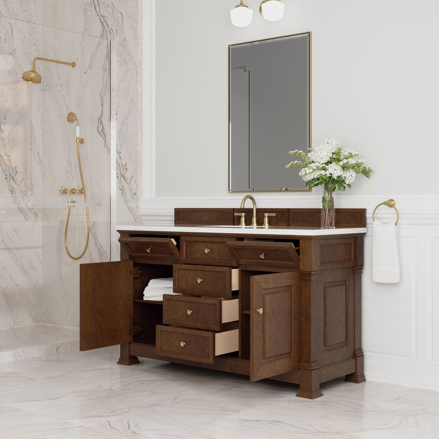 Renovate for Less Atlanta Brookfield 60" Single Vanity, Honey Oak,  w/ 3 CM White Zeus Silestone Top