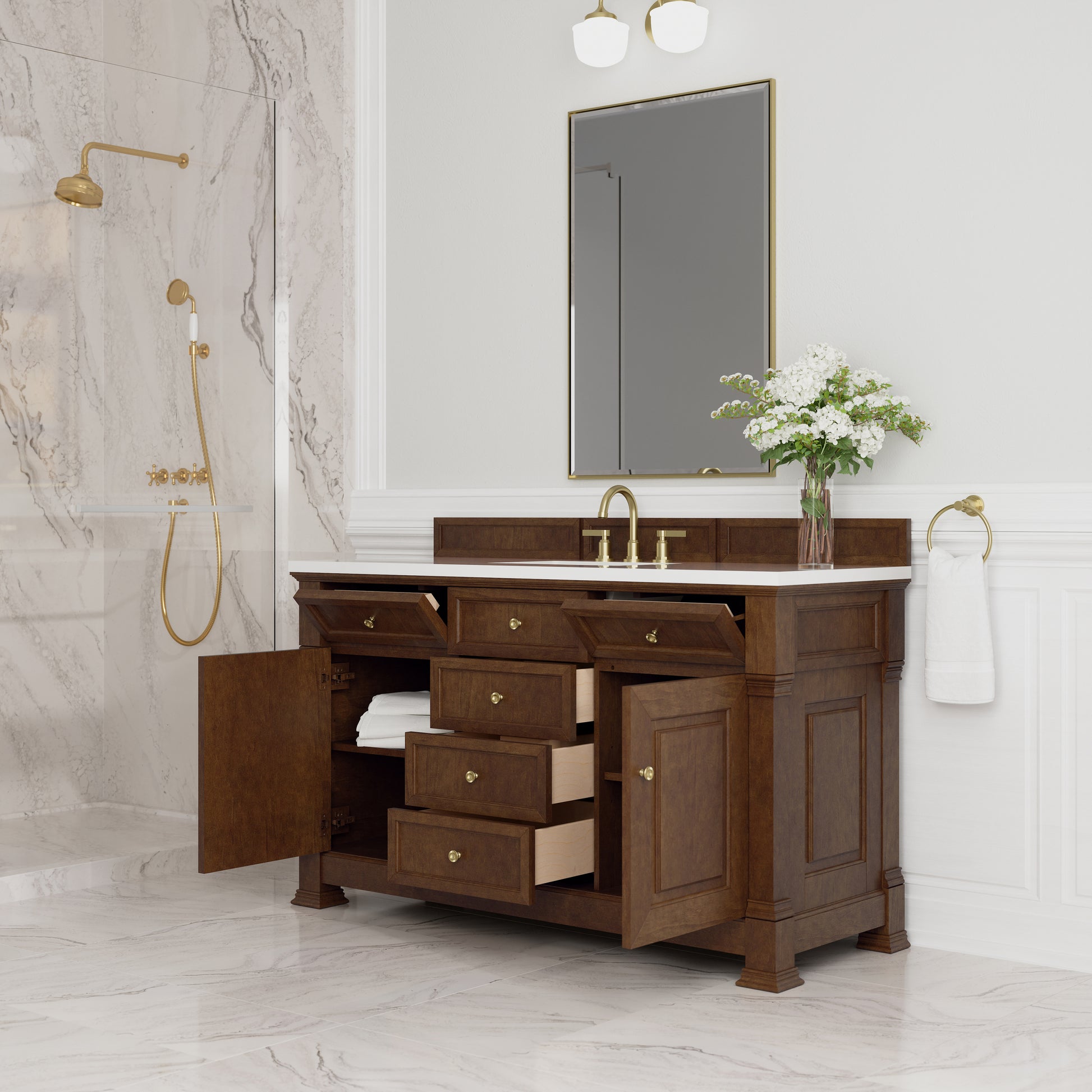 Renovate for Less Atlanta Brookfield 60" Single Vanity, Honey Oak,  w/ 3 CM White Zeus Silestone Top