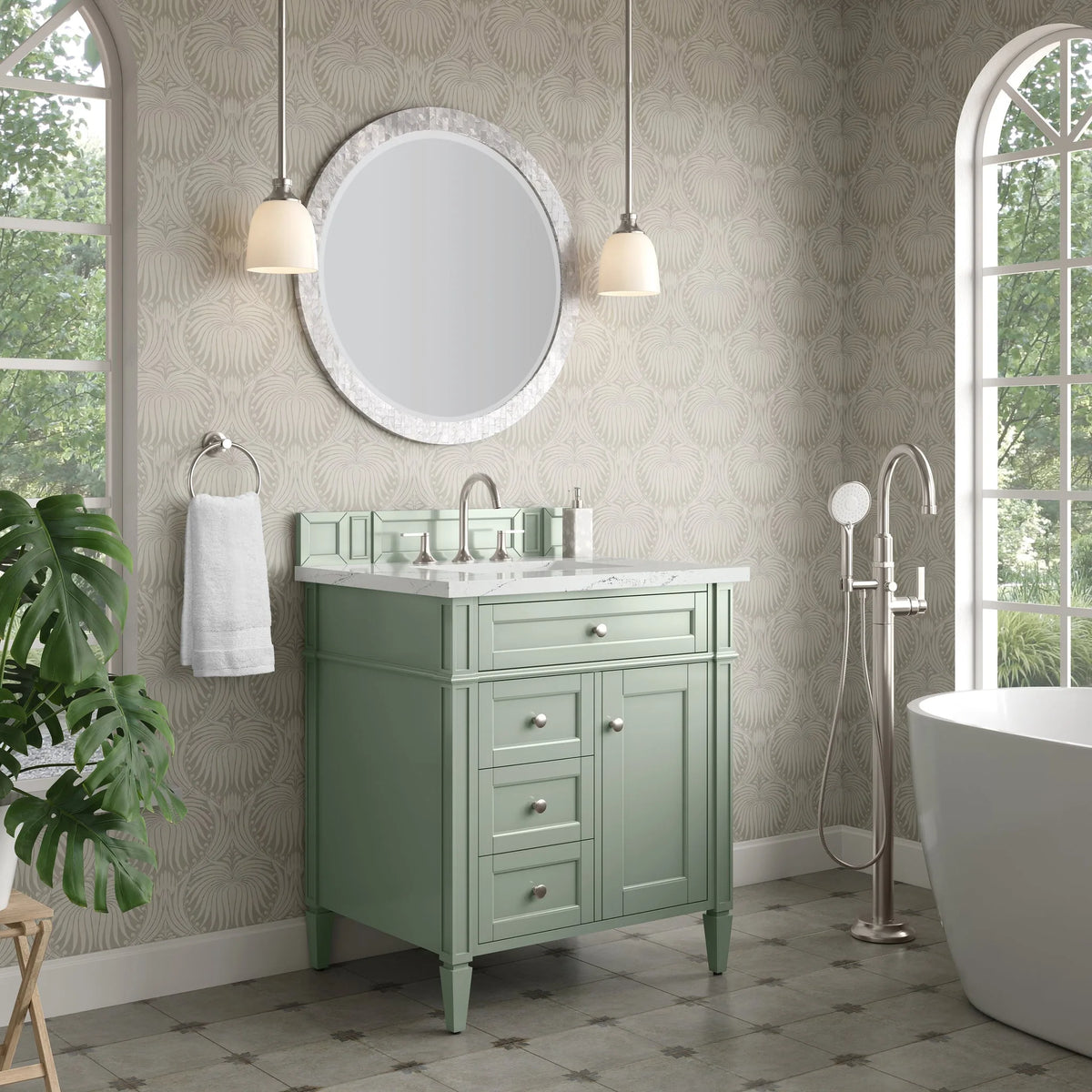 Brittany 30" Single Vanity, Sage Green, w/ 3 CM Ethereal Noctis Silestone Top
