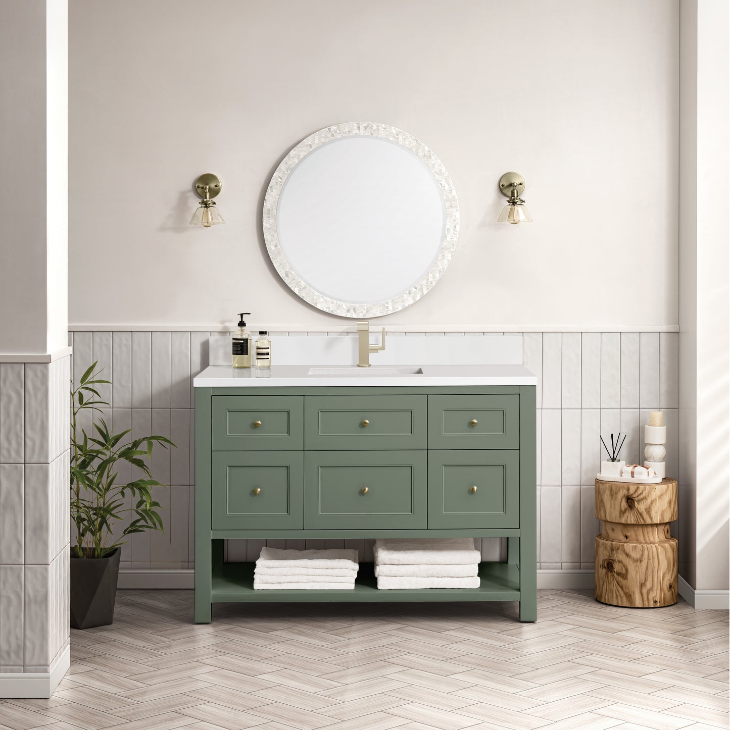 Renovate for Less Atlanta Breckenridge 48" Single Vanity, Smokey Celadon w/ Single Hole 3 CM White Zeus Top & Backsplash