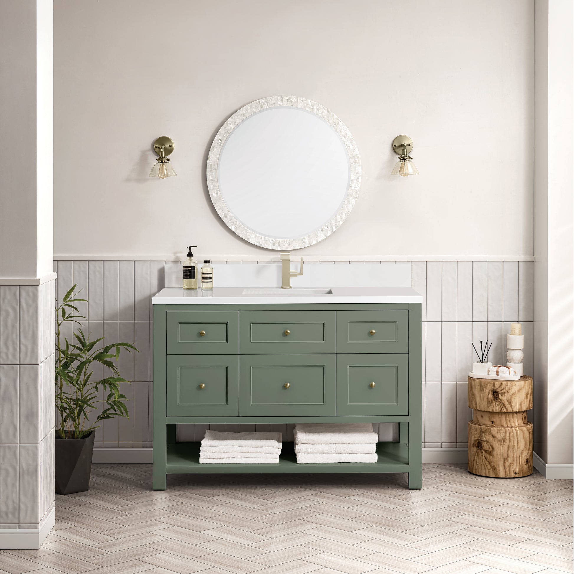 Renovate for Less Atlanta Breckenridge 48" Single Vanity, Smokey Celadon w/ Single Hole 3 CM White Zeus Top & Backsplash