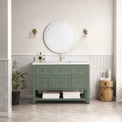 Renovate for Less Atlanta Breckenridge 48" Single Vanity, Smokey Celadon w/ Single Hole 3 CM White Zeus Top & Backsplash