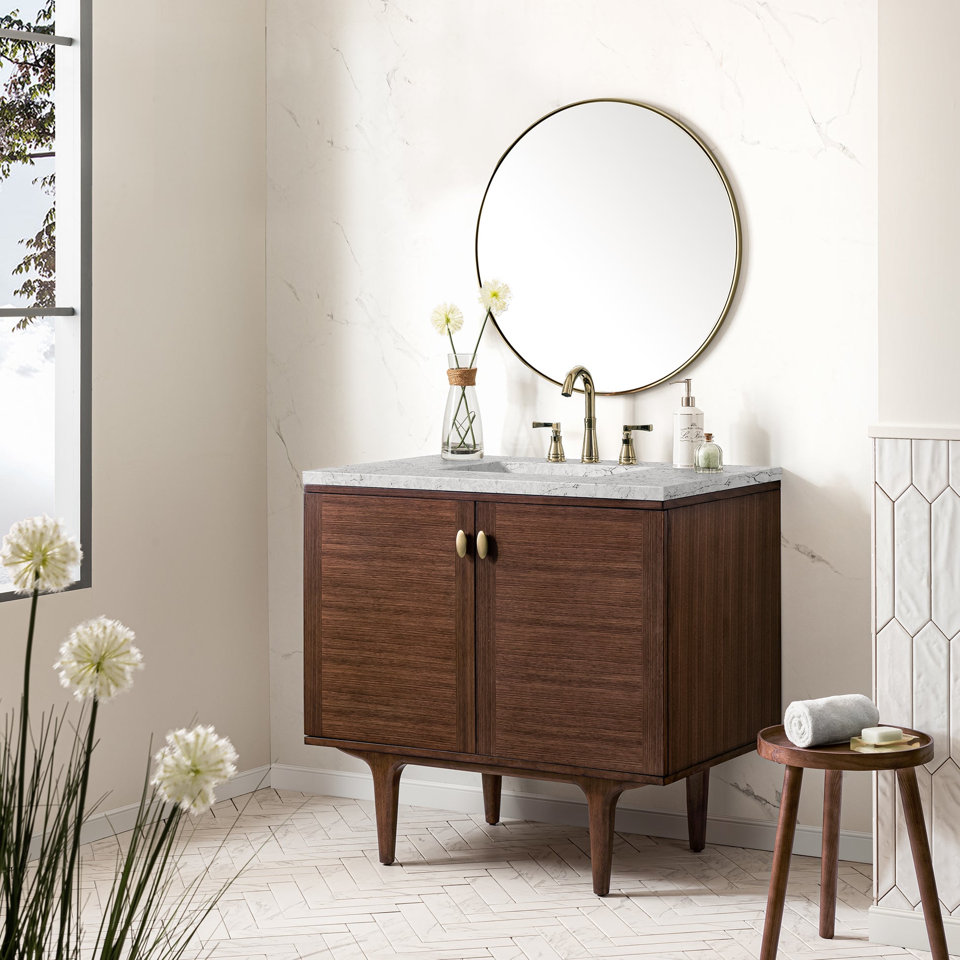 Renovate for Less Atlanta Amberly 36" Single Vanity, Mid-Century Walnut w/ 3 CM Eternal Jasmine Pearl Top