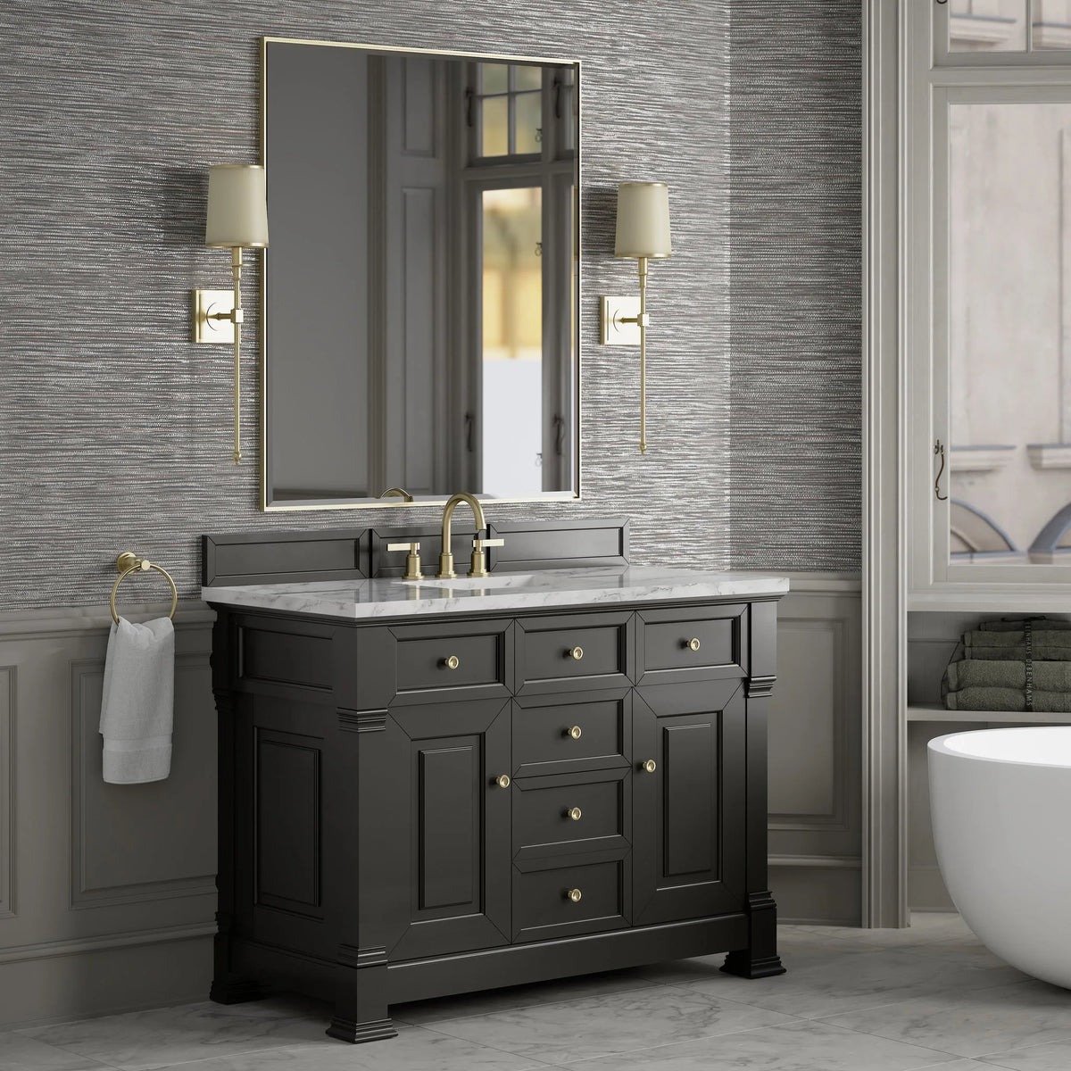Brookfield 48" Single Vanity, Black Onyx w/3 CM Carrara White Marble Top