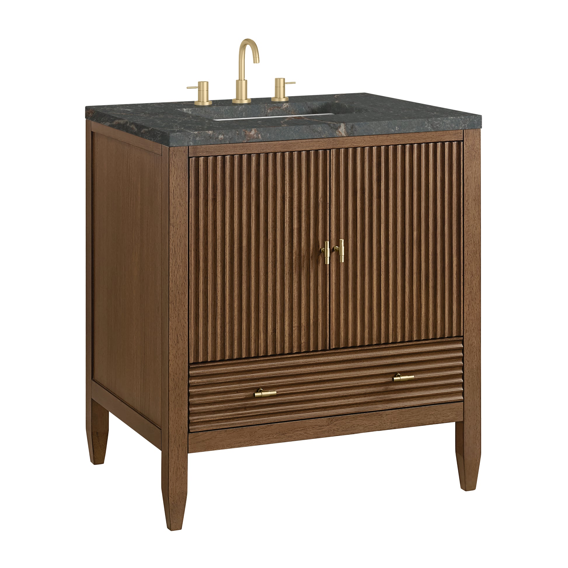 Renovate for Less Atlanta Myrrin 30" Single Vanity, Mid-Century Walnut w/ 3 CM Parisien Bleu Silestone Top