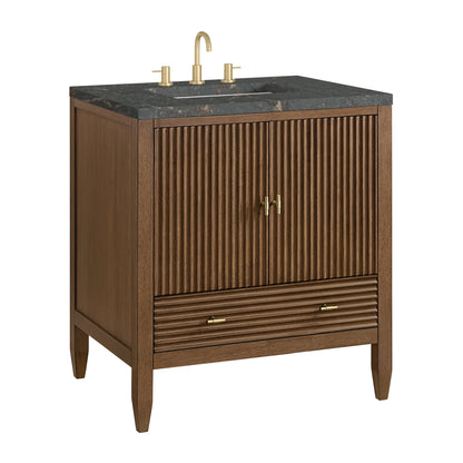 Renovate for Less Atlanta Myrrin 30" Single Vanity, Mid-Century Walnut w/ 3 CM Parisien Bleu Silestone Top