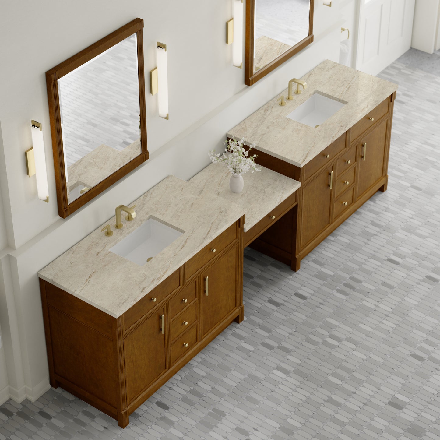 Renovate for Less Atlanta Bellshire 120" Dual Vanity Set with 24" Make-Up Counter, Honey Oak w/3 cm Tajnar Eclos Top