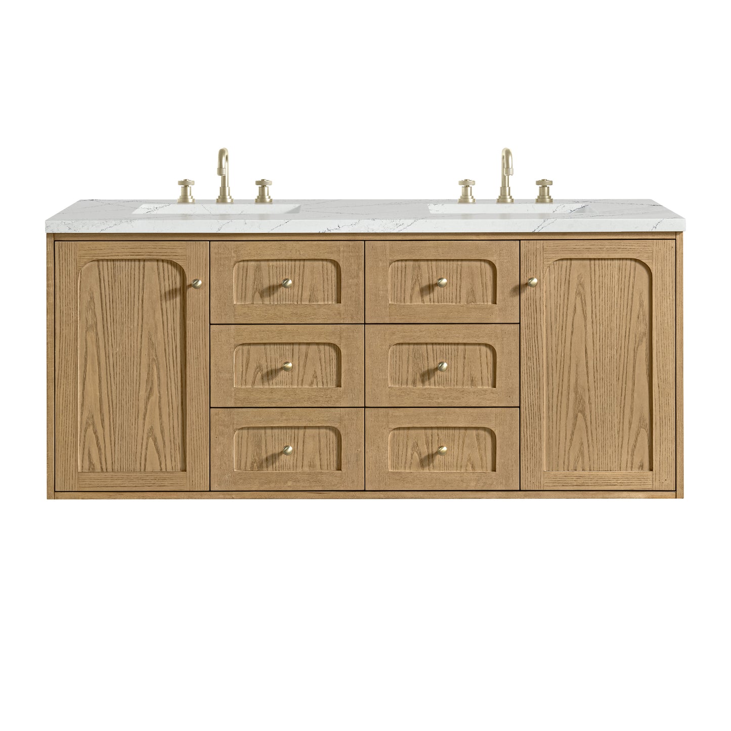 Renovate for Less Atlanta Laurent 60" Double Vanity, Light Natural Oak, w/ 3 CM Ethereal Noctis Quartz Top w/FreePower Wireless Charger