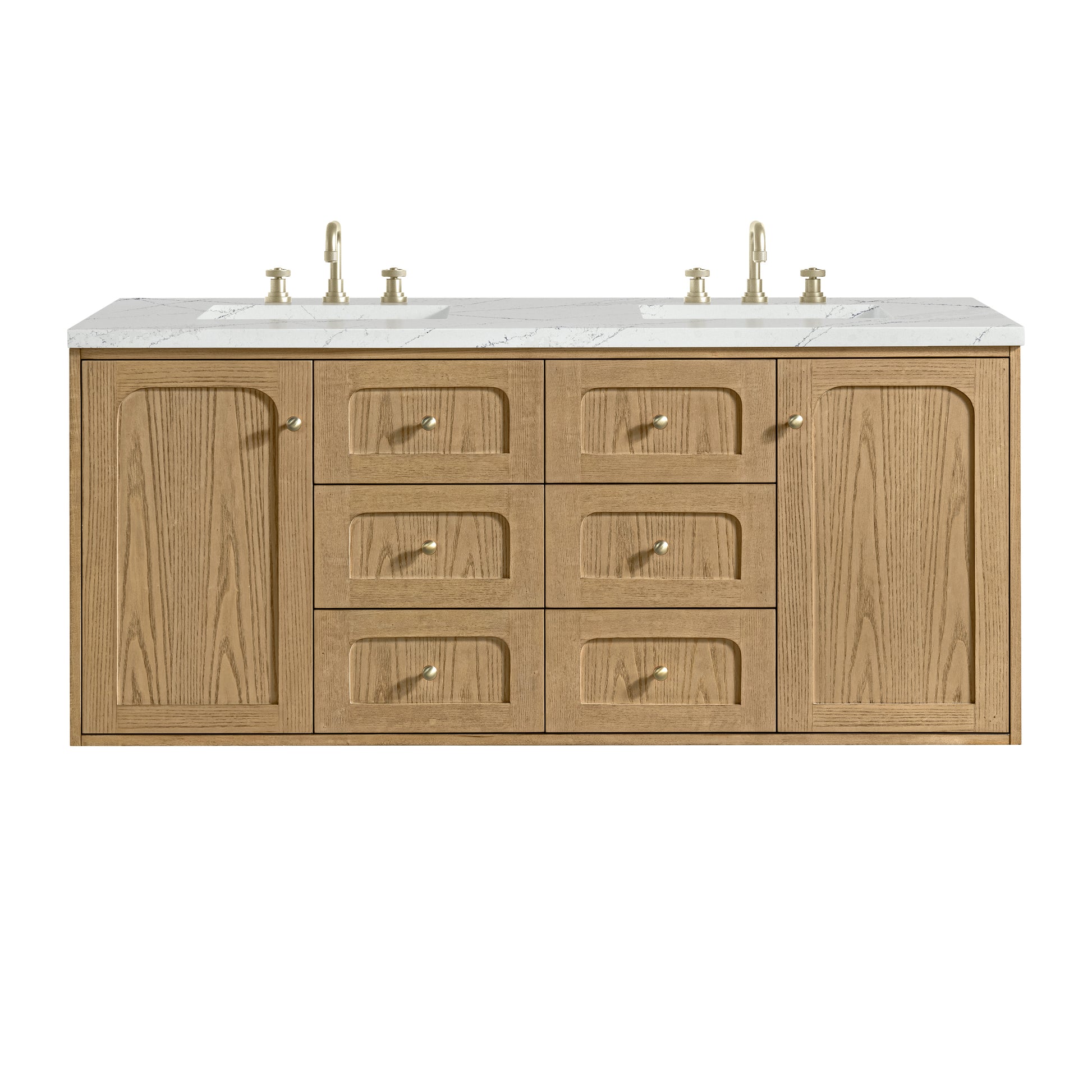 Renovate for Less Atlanta Laurent 60" Double Vanity, Light Natural Oak, w/ 3 CM Ethereal Noctis Quartz Top w/FreePower Wireless Charger