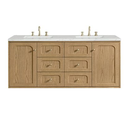 Renovate for Less Atlanta Laurent 60" Double Vanity, Light Natural Oak, w/ 3 CM Ethereal Noctis Quartz Top w/FreePower Wireless Charger