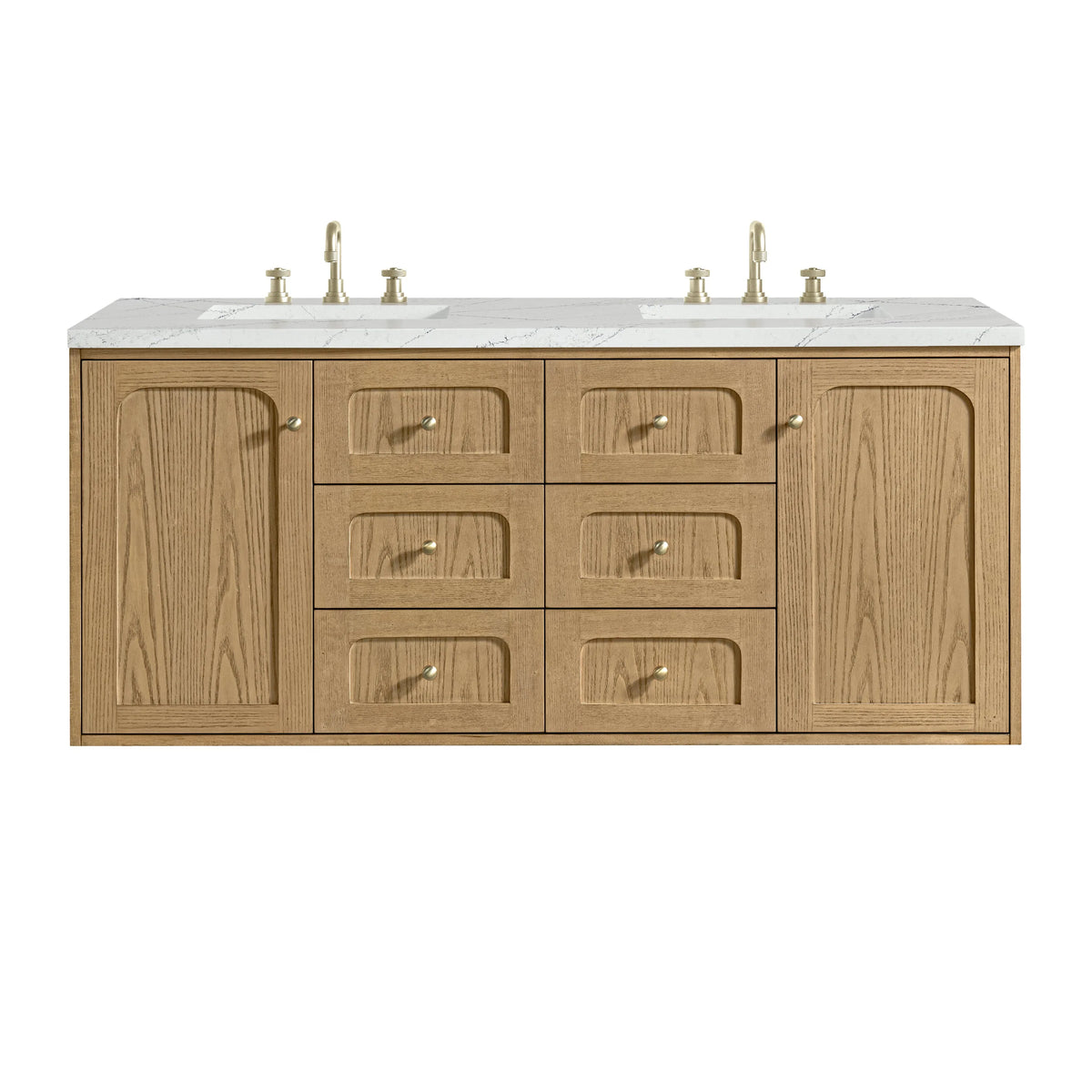 Laurent 60" Double Vanity, Light Natural Oak, w/ 3 CM Ethereal Noctis Quartz Top w/FreePower Wireless Charger
