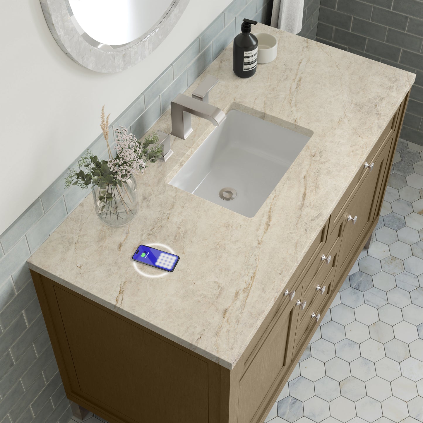 Renovate for Less Atlanta Chicago 48" Single Vanity, Walnut Whisper, w/ 3 CM Tajnar Eclos Top w/FreePower Wireless Charger