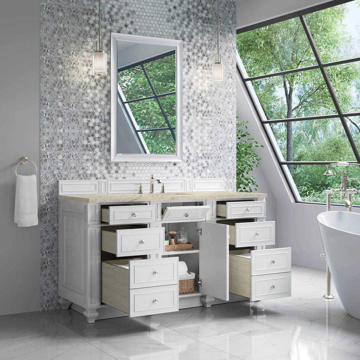 Bristol 60" Single Vanity, Bright White, w/ 3 CM Tajnar Eclos Top