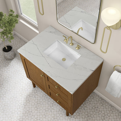 Renovate for Less Atlanta Laurent 36" Single Vanity, Honey Oak w/ 3 CM Ethereal Noctis Silestone Top
