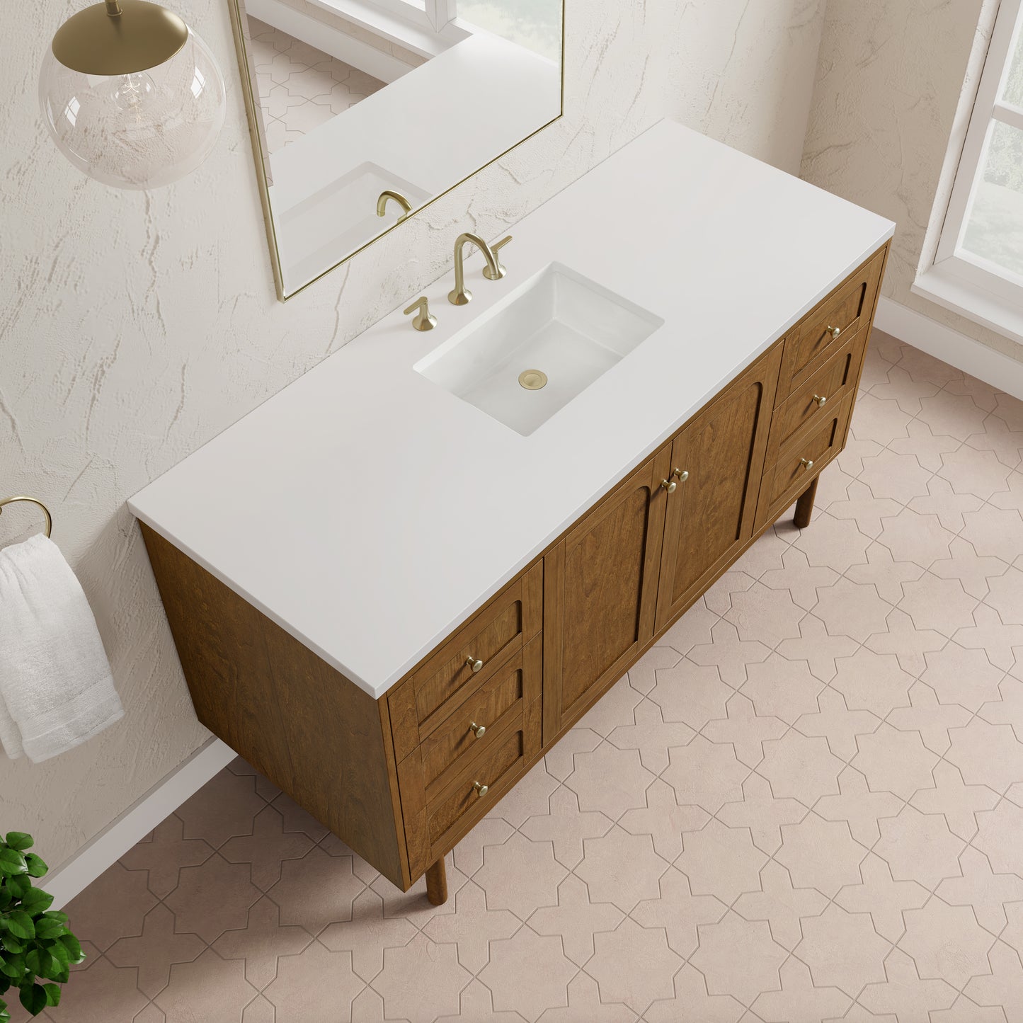 Renovate for Less Atlanta Laurent 60" Single Vanity, Honey Oak w/ 3 CM White Zeus Silestone Top