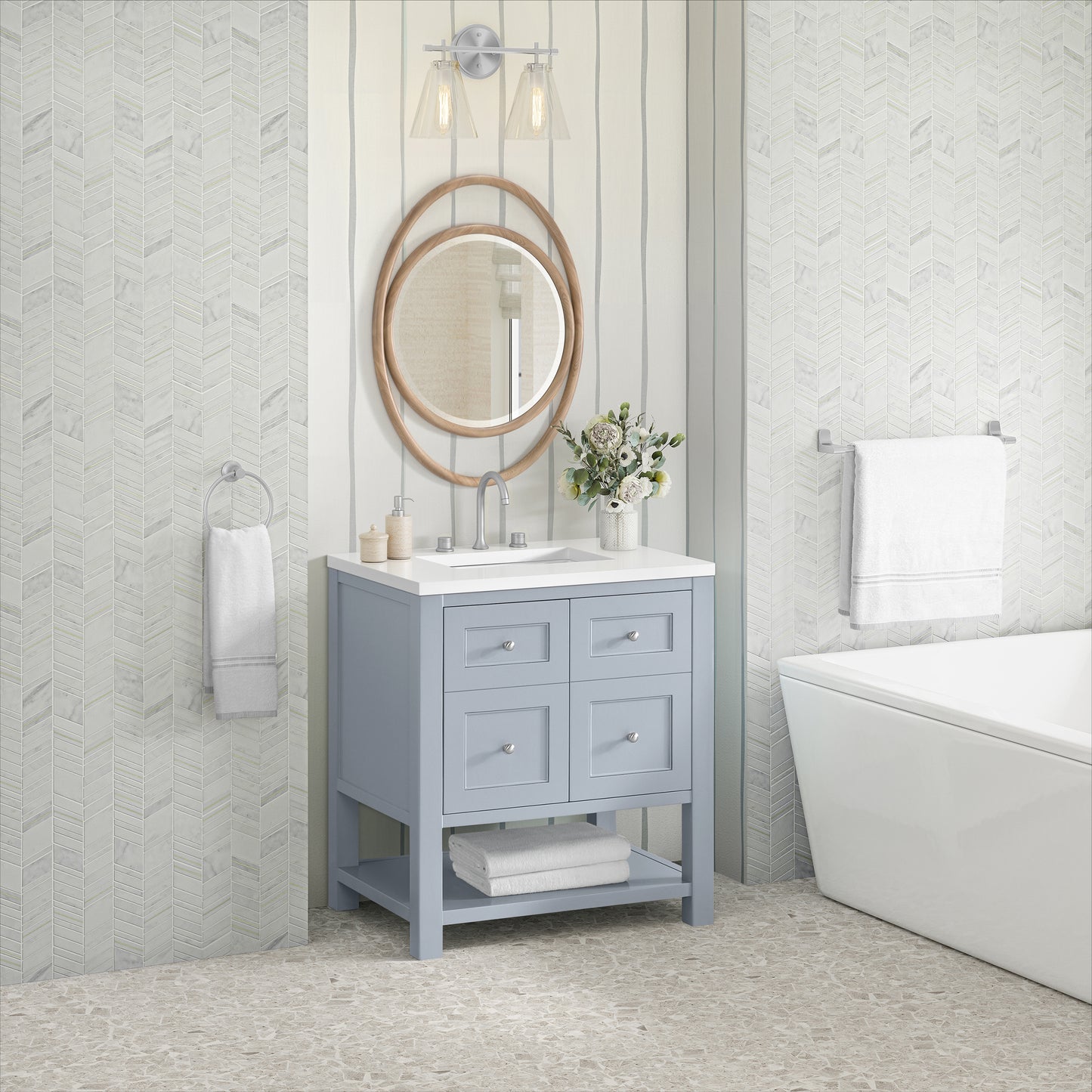 Renovate for Less Atlanta Breckenridge 30" Single Vanity, Serenity Blue, w/ 3 CM White Zeus Quartz Top