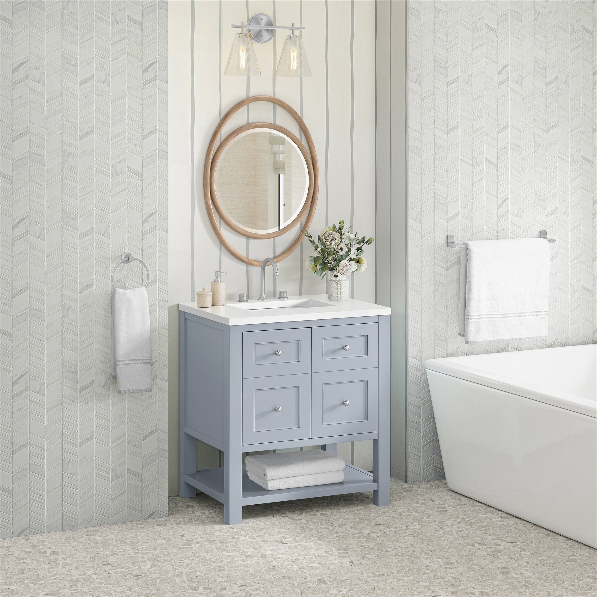 Renovate for Less Atlanta Breckenridge 30" Single Vanity, Serenity Blue, w/ 3 CM White Zeus Quartz Top