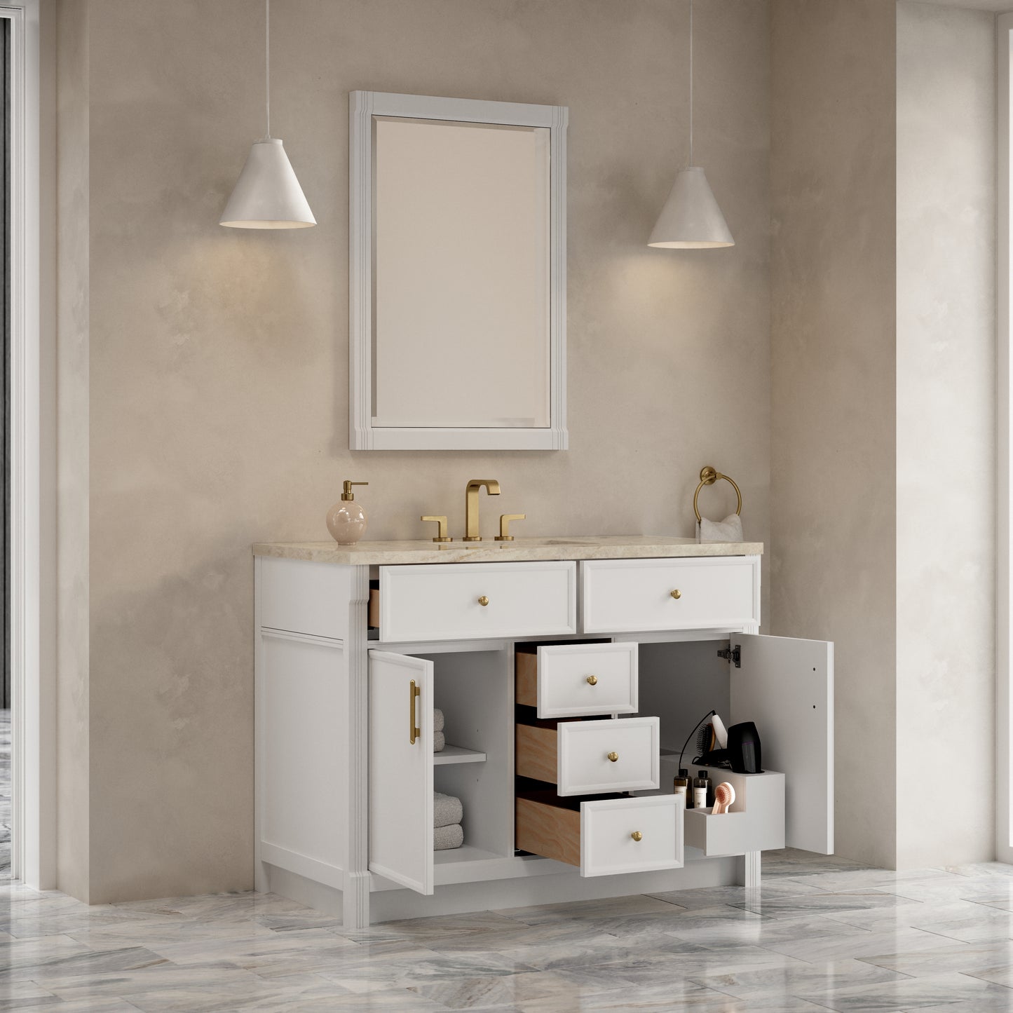 Renovate for Less Atlanta Bellshire 48" Single Vanity, Bright White w/ 3 CM Tajnar Eclos Top w/FreePower Wireless Charger