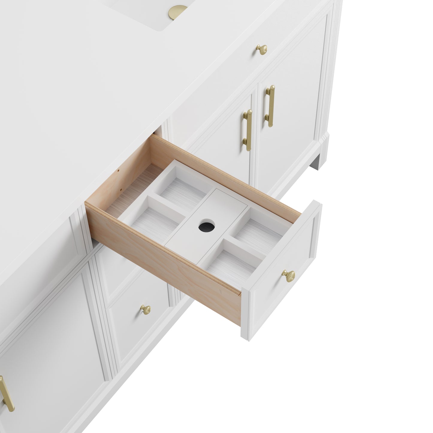 Renovate for Less Atlanta Bellshire 72" Double Vanity, Bright White w/ 3 CM Tajnar Eclos Top w/FreePower Wireless Charger