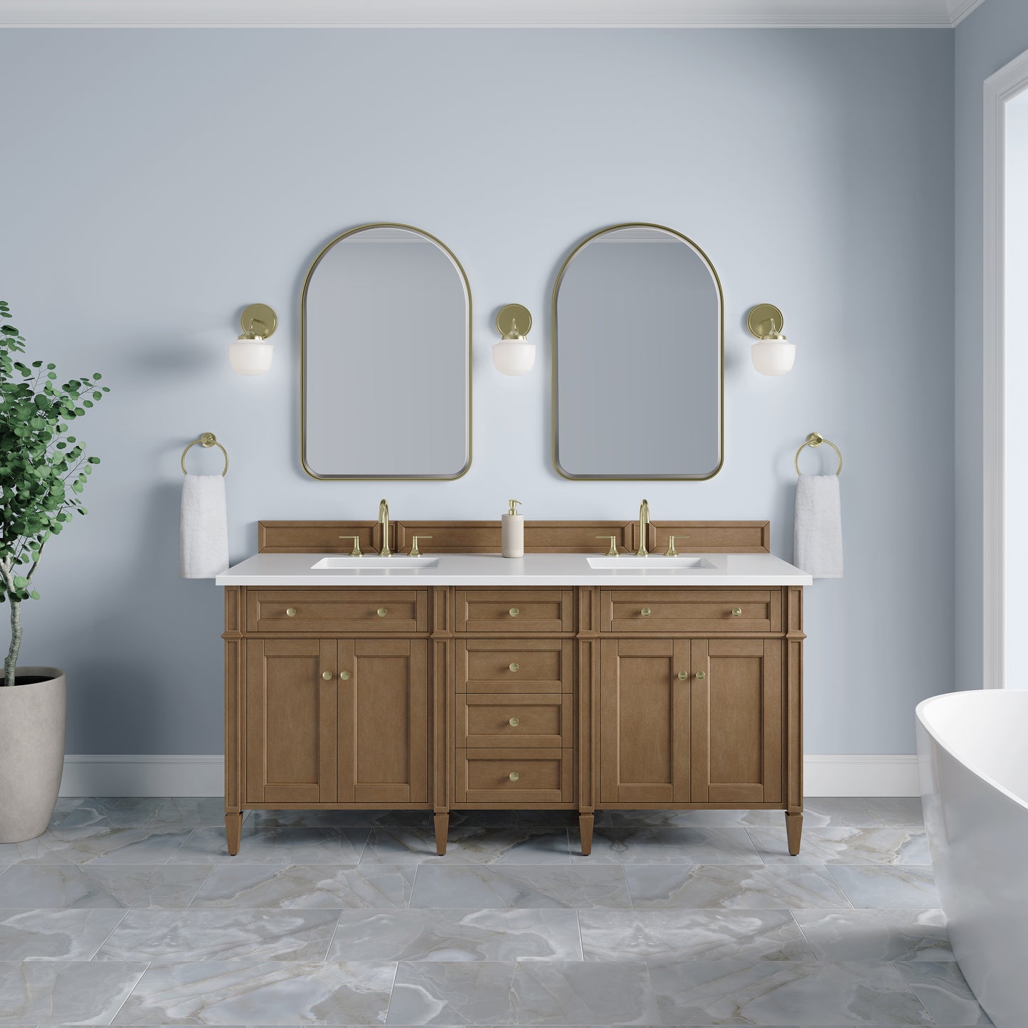 Renovate for Less Atlanta Brittany 72" Double Vanity, Pecan w/ 3 CM White Zeus Silestone Top
