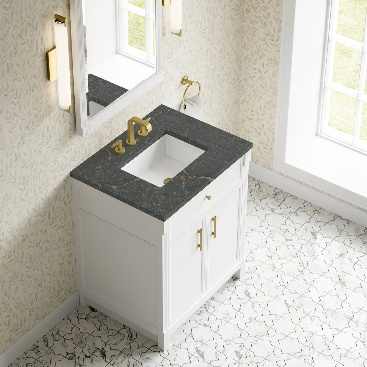 Bellshire 30" Single Vanity, Bright White w/ 3 CM Parisien Bleu Silestone Top
