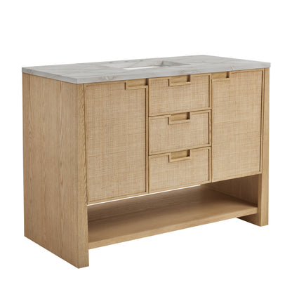 Renovate for Less Atlanta Solene 48" Single Vanity, Seaside Oak, w/ 3 CM Victorian Silver Quartz Top