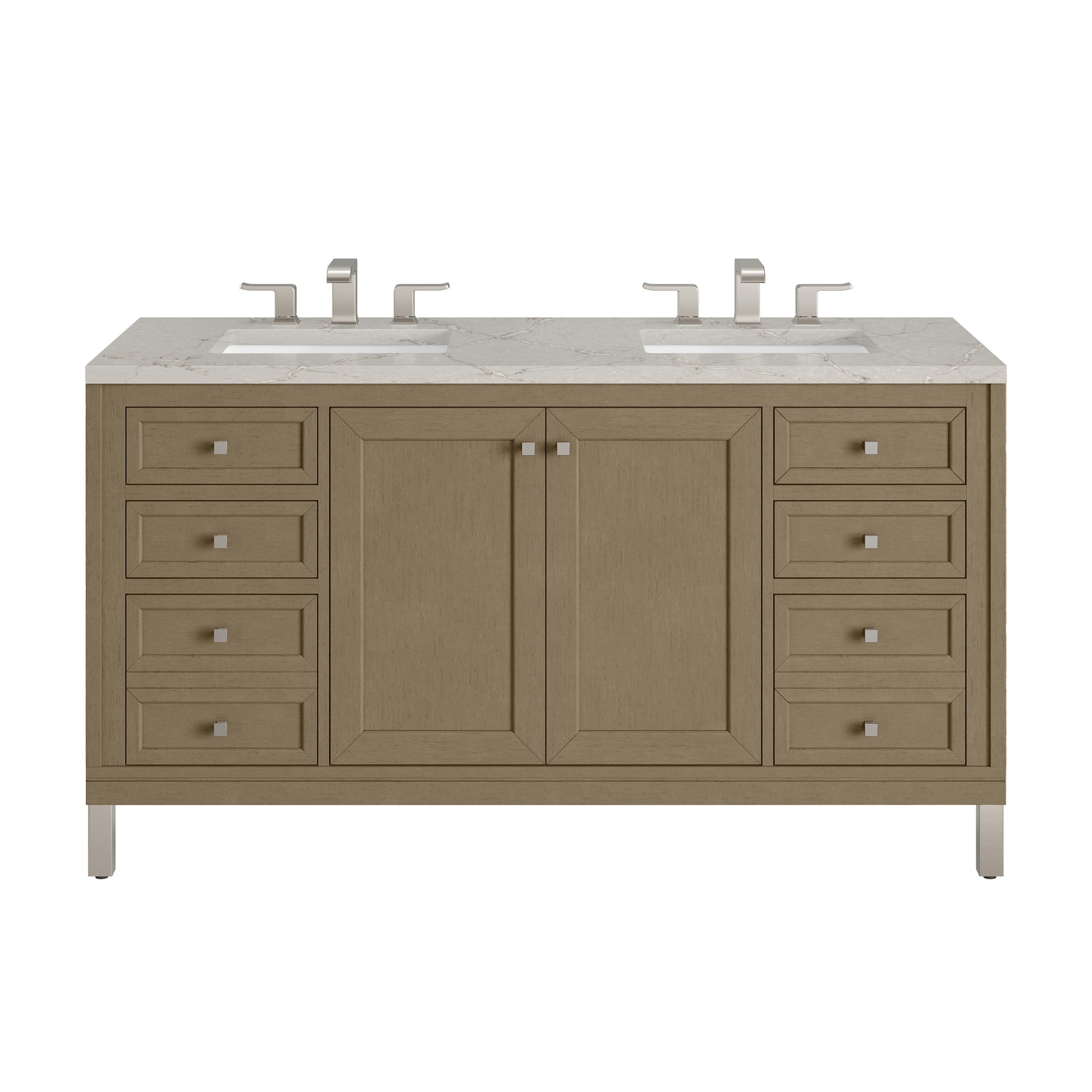 Renovate for Less Atlanta Chicago 60" Double Vanity, Walnut Whisper, w/ 3 CM Victorian Silver Silestone® Top
