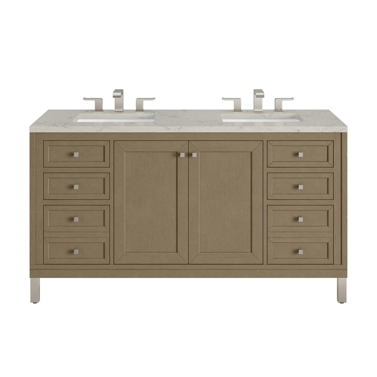 Chicago 60" Double Vanity, Walnut Whisper, w/ 3 CM Victorian Silver Silestone® Top w/FreePower Wireless Charger