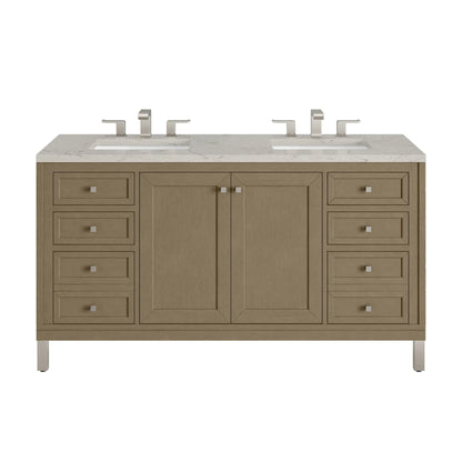 Chicago 60" Double Vanity, Walnut Whisper, w/ 3 CM Victorian Silver Silestone® Top w/FreePower Wireless Charger