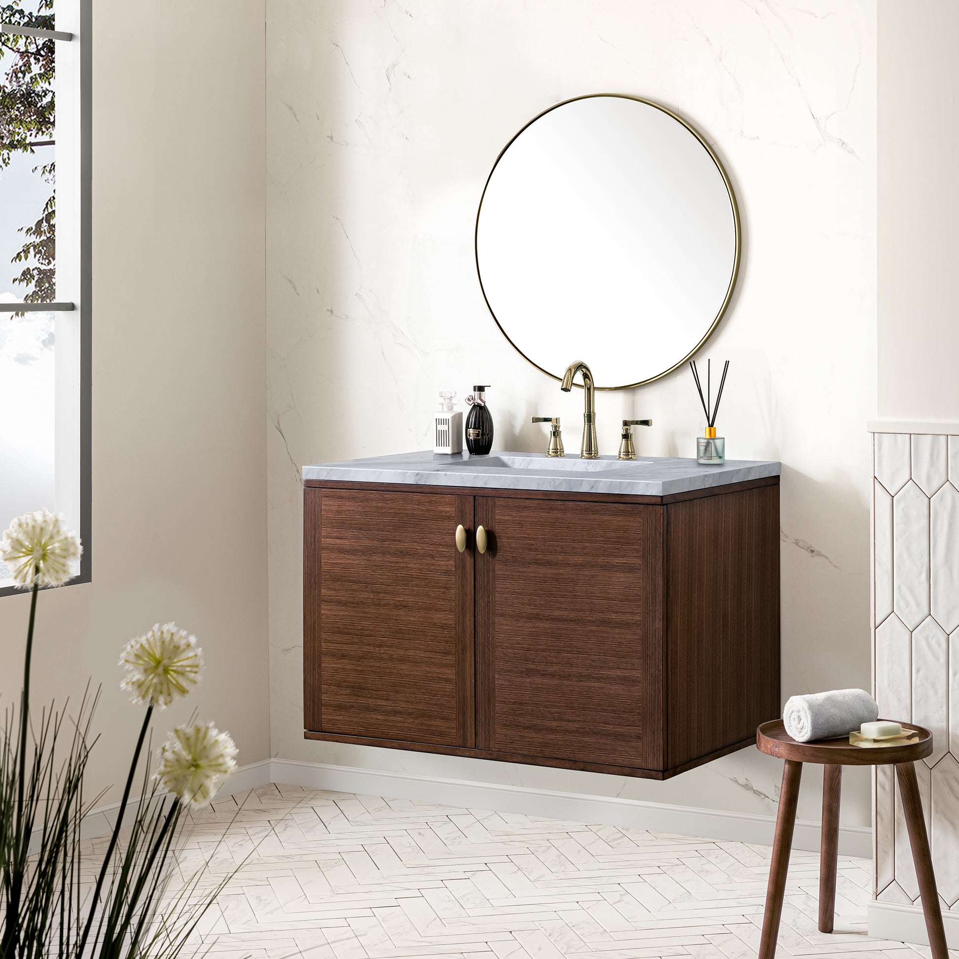 Renovate for Less Atlanta Amberly 36" Single Vanity, Mid-Century Walnut w/ 3 CM Carrara Marble Top