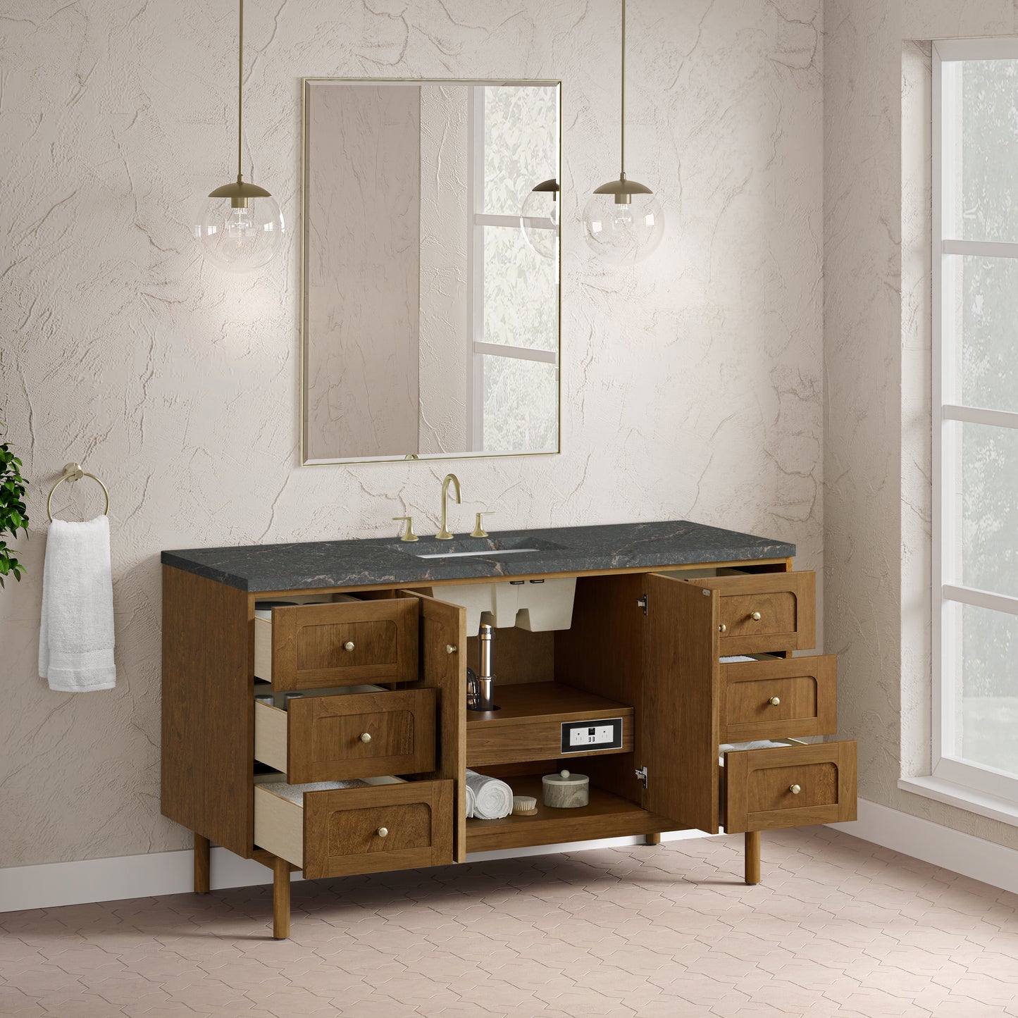 Renovate for Less Atlanta Laurent 60" Single Vanity, Honey Oak w/ 3 CM Parisien Bleu Silestone Top