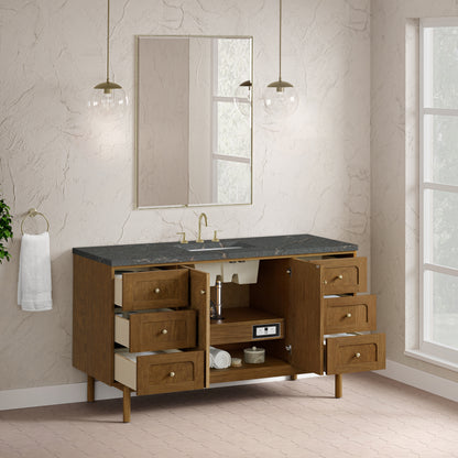 Renovate for Less Atlanta Laurent 60" Single Vanity, Honey Oak w/ 3 CM Parisien Bleu Silestone Top