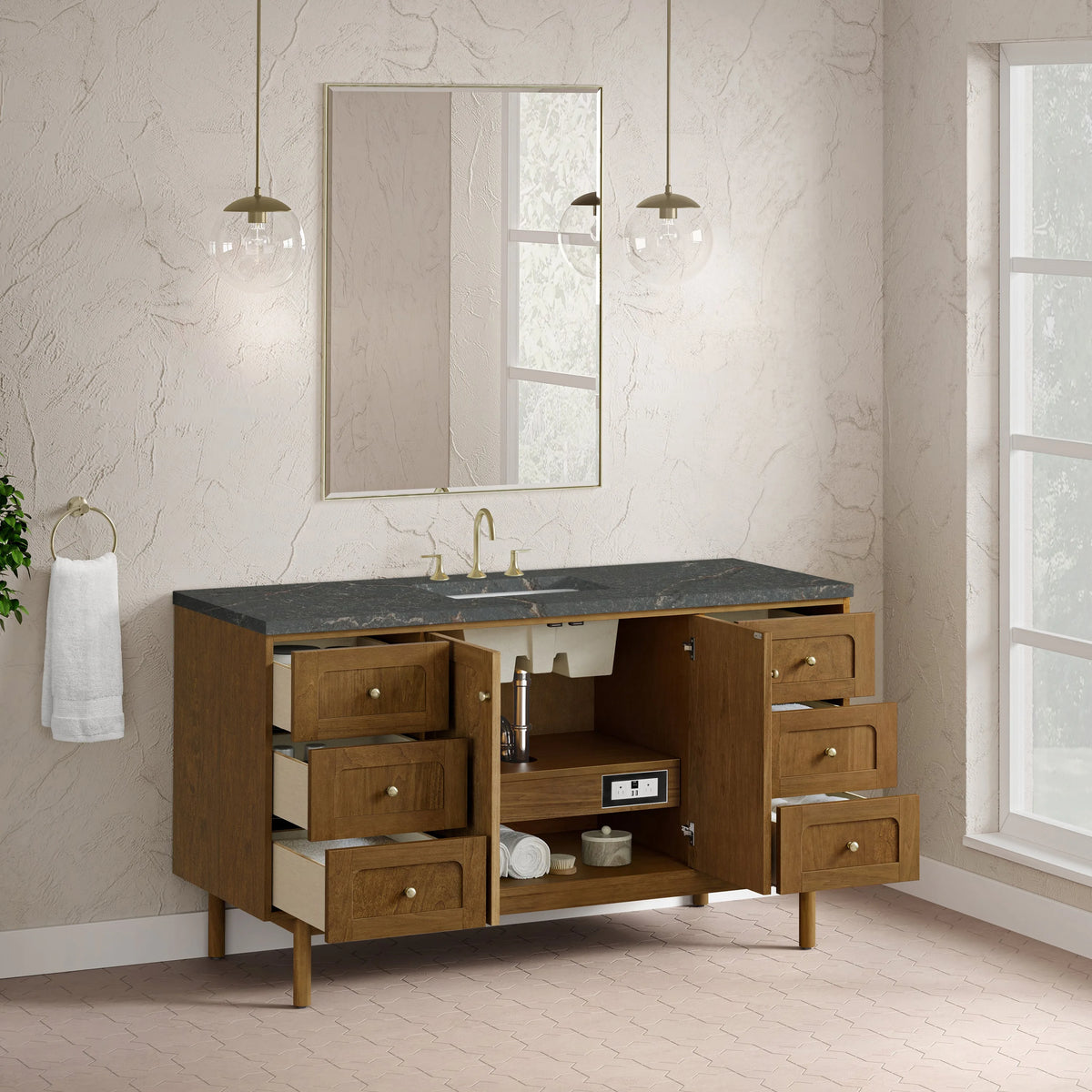 Laurent 60" Single Vanity, Honey Oak w/ 3 CM Parisien Bleu Silestone Top