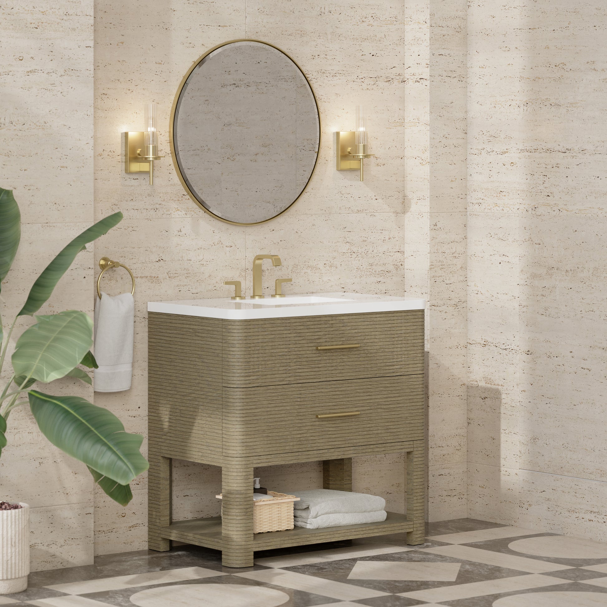 Renovate for Less Atlanta Lucian 36" Single Vanity, Pebble Oak w/ 3 CM White Zeus Silestone Widespread Top