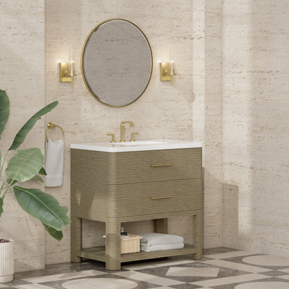 Renovate for Less Atlanta Lucian 36" Single Vanity, Pebble Oak w/ 3 CM White Zeus Silestone Widespread Top